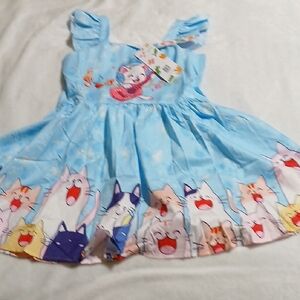 Charming Kids Dress with Cat Print in Light Blue